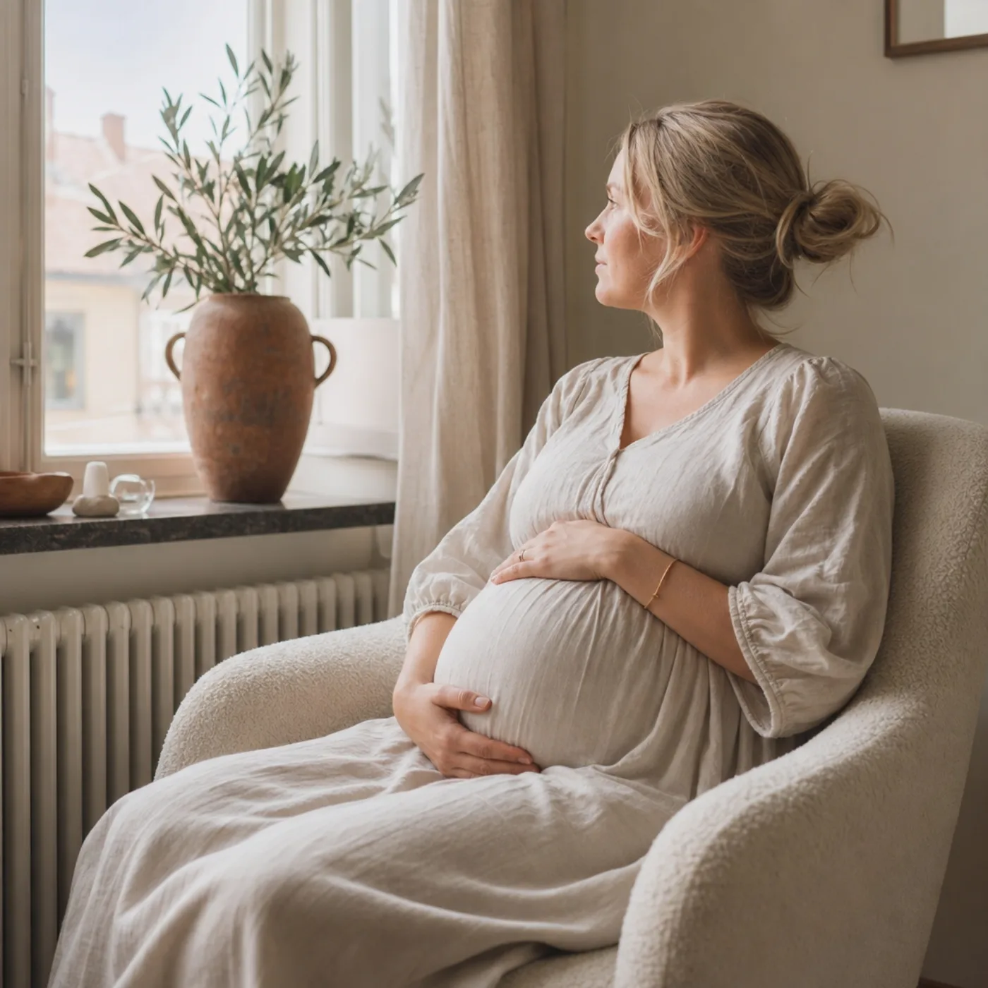 Anonym gravid person vid fönster i nordiskt hem