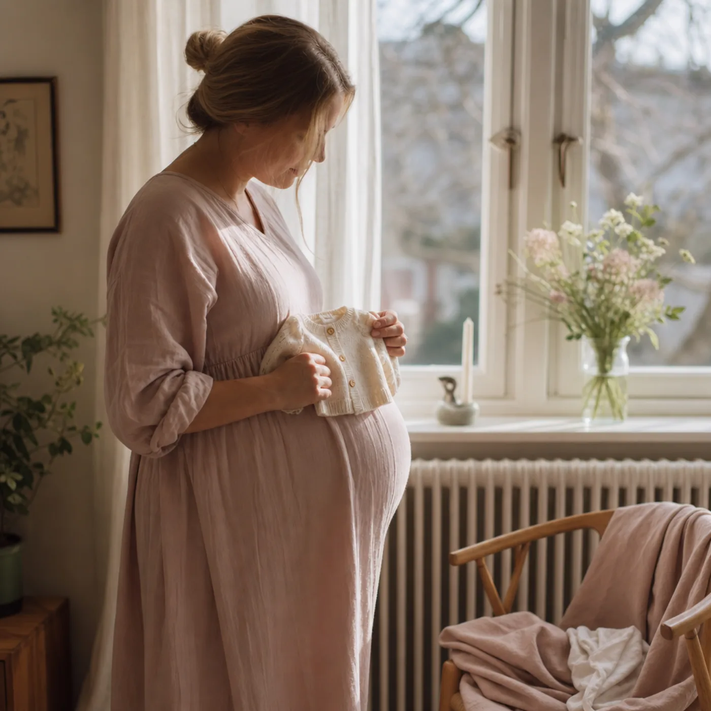 Gravid person i profil mot fönster