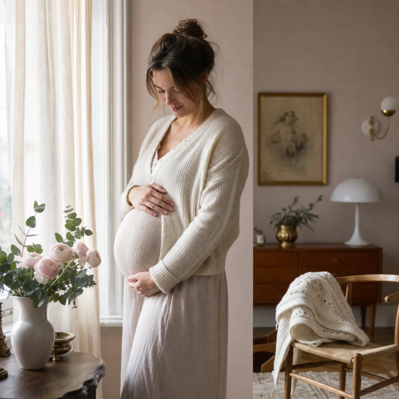 Lugn gravid kvinna vid fönster i pastellfärgat hem