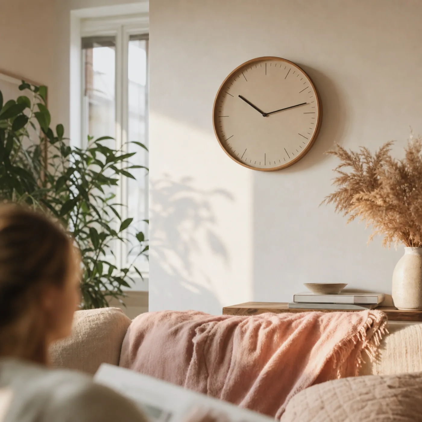 Vardagsmiljö med klocka i bakgrunden