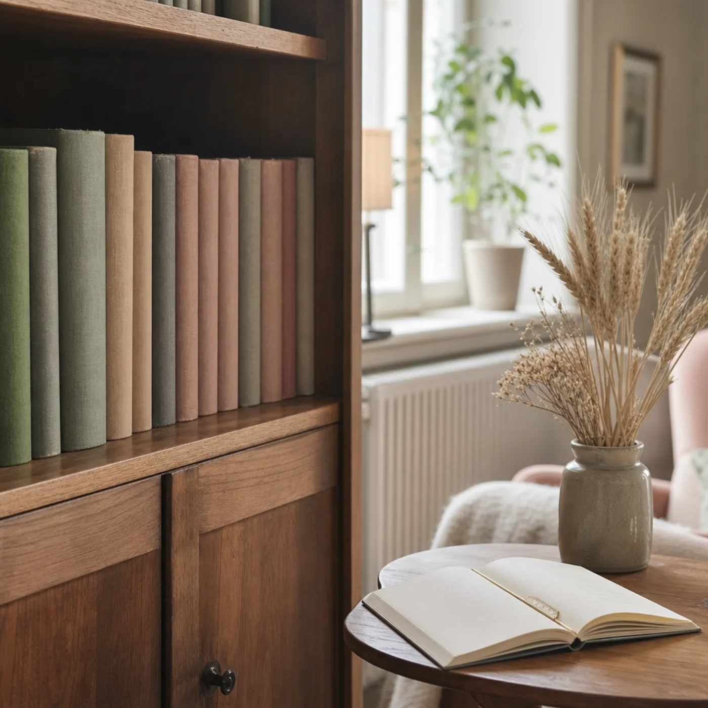 Bokhylla med inbundna referensverk i nordisk biblioteksmiljö
