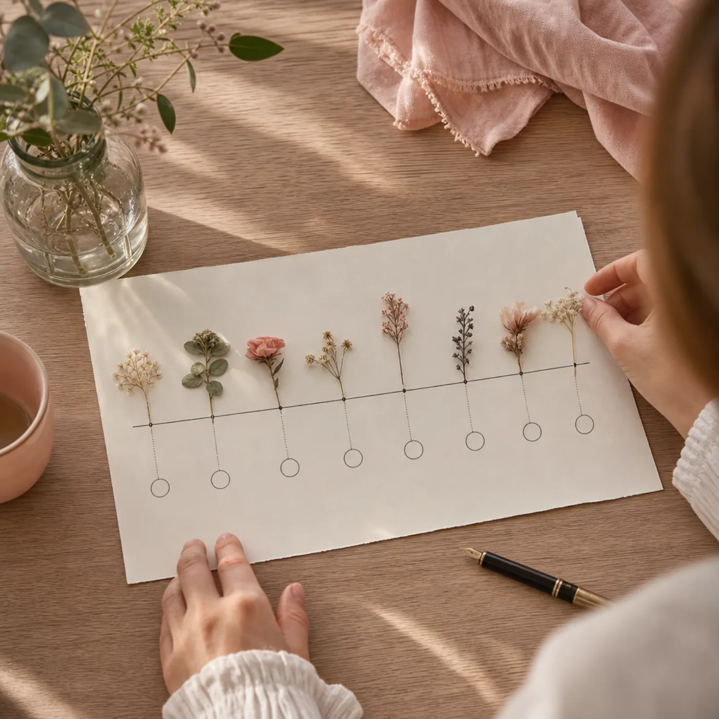 En tidslinje ritad för hand med blommor som markörer
